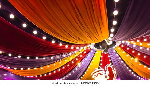 Colorful Curtain And Light Bulb Decorations. Circus Party Decorations. Circus Tent From Inside.