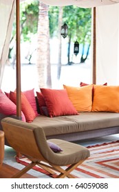 Colorful Cushions On The Outdoor Couch In Maldives Island Resort