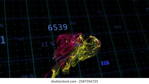 Colorful data visualization image over grid with numerical values and percentages. analytics, report, metrics, infographic, chart, presentation
