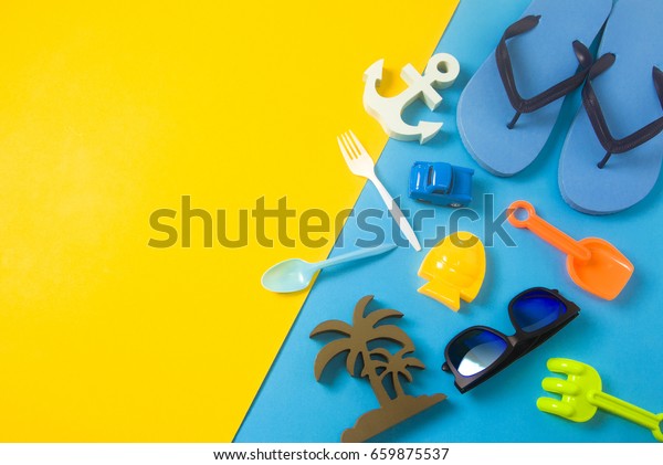 colorful of decor prop and fashion
gadget in summer season concept, holiday relaxing vacation, toy of
decorations, vintage style, let's go to the sea, play it
cool