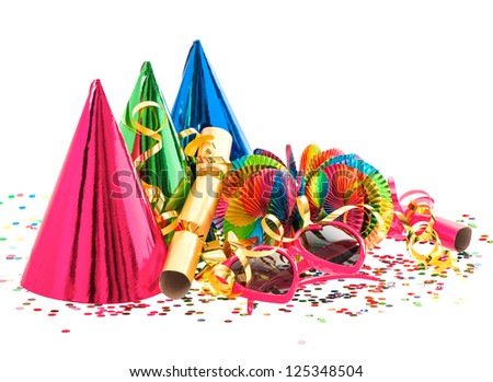 colorful decoration with garlands, streamer, cracker, party glasses and confetti. festive accessory background