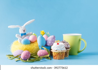 Colorful Decoration Of Kids Birthday Party Table With Easter Eggs And Sweets