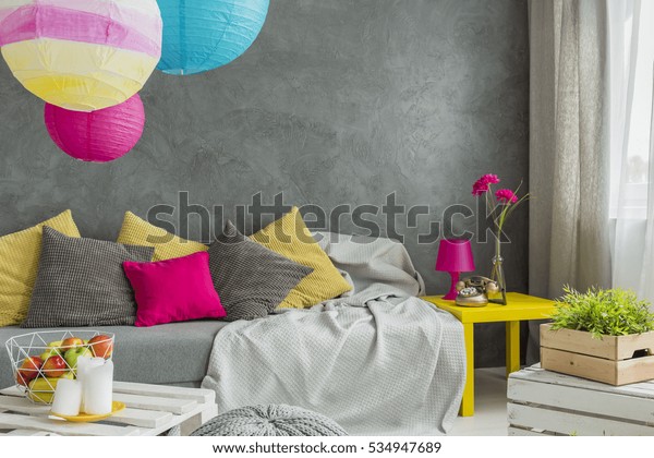 Colorful Decorative Pillows Paper Lanterns Teenager Stock Photo