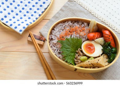 A Colorful And Delicious Looking Bento Consisting Of Stir Fry Bamboo Shoot With Ground Pork, Brown Rice, Boiled Egg, Sausage And Salmon Fuirkake Seasoning 