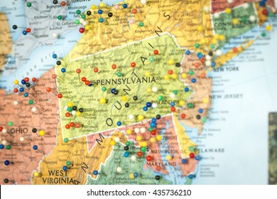 Colorful Detail Map Macro Close Up With Push Pins Marking Locations Throughout The United States Of America PA Pennsylvania