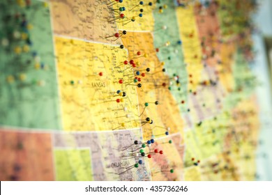 Colorful Detail Map Macro Close Up With Push Pins Marking Locations Throughout The United States Of America