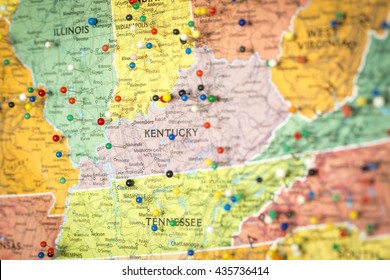 Colorful Detail Map Macro Close Up With Push Pins Marking Locations Throughout The United States Of America KY Kentucky