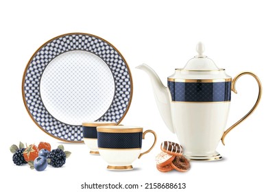 Colorful Digital Wall Tiles Design For Kitchen, Design Set Of Elegant And Traditional Teapot Colorful White Blue Gold Coffee Tea Cup On Cup's Plate Beside The Hot Tea Pot.