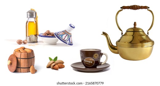 Colorful digital wall tiles design for kitchen, design set of elegant and traditional teapot colorful white gold coffee Tea cup on cup's plate beside the hot tea pot and fruits.