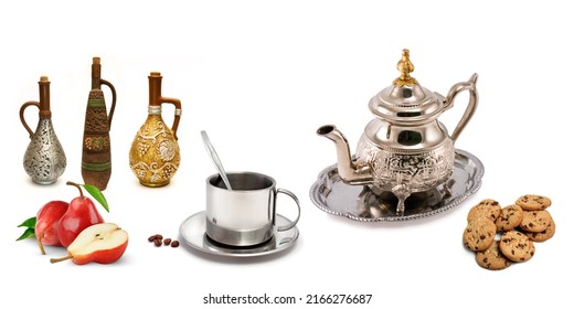 Colorful Digital Wall Tiles Design For Kitchen, Design Set Of Elegant And Traditional Teapot Colorful White Gold Coffee Tea Cup On Cup's Plate Beside The Hot Tea Pot And Fruits.