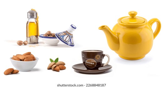 Coloridas baldosas digitales de pared para la cocina, diseño conjunto de tetera elegante y tradicional colorido café de oro blanco Tea taza en plato de taza al lado de la cafetera caliente y frutas.
