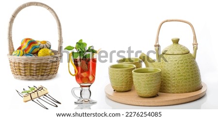 Colorful digital wall tiles design for kitchen, design set of elegant and traditional teapot colorful white gold coffee Tea cup on cup's plate beside the hot tea pot and fruits.