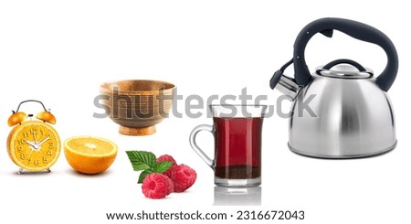 Colorful digital wall tiles design for kitchen, design set of elegant and traditional teapot colorful white coffee Tea cup on cup's plate beside the hot tea pot and fruits.