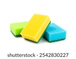 Colorful dish sponges isolated on white background. Kitchen sponge. Cleaning concept, cleaning service. Dishwashing liquid with clean and dirty dishes plate. Place for text, copy space.Wash the dishes