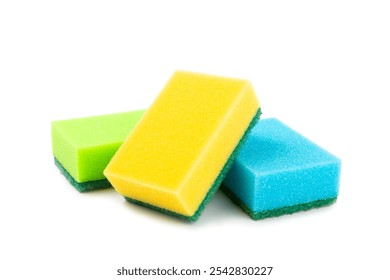 Colorful dish sponges isolated on white background. Kitchen sponge. Cleaning concept, cleaning service. Dishwashing liquid with clean and dirty dishes plate. Place for text, copy space.Wash the dishes - Powered by Shutterstock