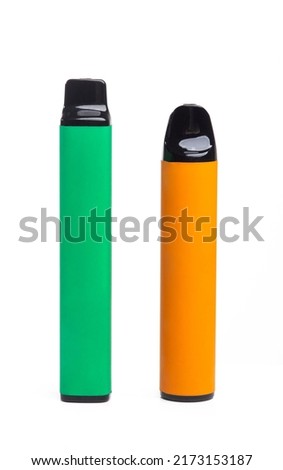 Colorful disposable electronic cigarette isolated on a white background. The concept of modern smoking, vaping and nicotine. 