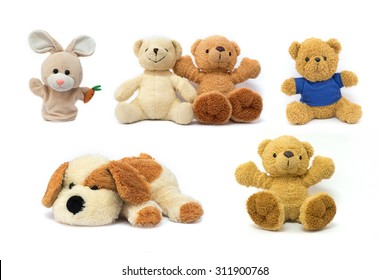 Colorful Doll And Toys Collection Teddy Bear,plush Toy Dog And Rabbit Sock Puppet  Isolated On White Background