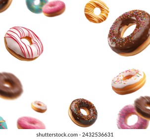 Colorful donuts flying with sprinkles isolated on white background. Various decorated doughnuts falling on white background. - Powered by Shutterstock