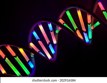 Colorful Double Helix Strand DNA Model Against A Black Background