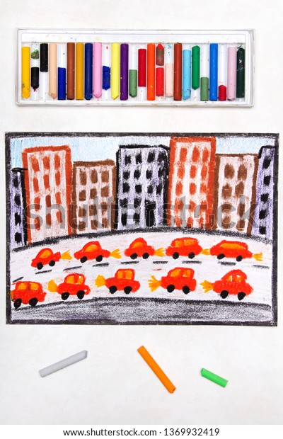 Colorful drawing: Big city and highway. Cars next\
to blocks of flats