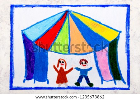 Colorful and drawing: Circus tent and happy children 