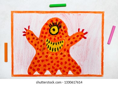 Colorful Drawing: Cute Orange Monster With One Eye