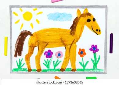 Colorful Drawing: Cute Smiling Horse In The Pasture