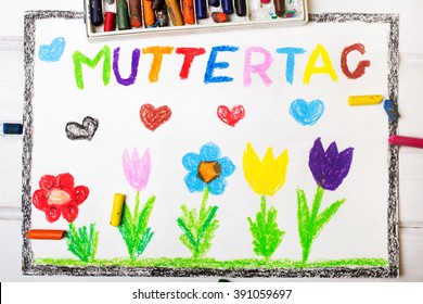 Colorful drawing - German Mother's Day card with words 'Mother's day'