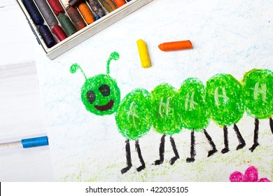 Colorful Drawing: Green Caterpillar With Happy Face