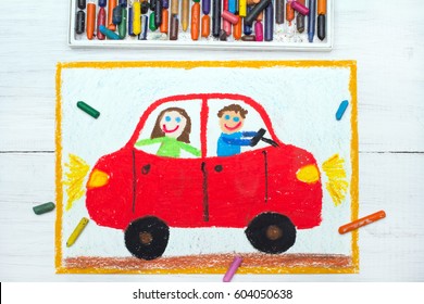 Colorful Drawing: Happy Couple In The Red Car