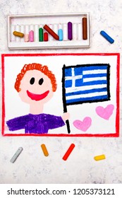 Colorful Drawing: Happy Man Holding Greek Flag.  Flag Of Greece And Smiling Boy