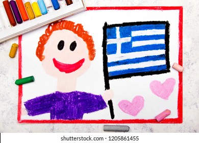 Colorful Drawing: Happy Man Holding Greek Flag.  Flag Of Greece And Smiling Boy