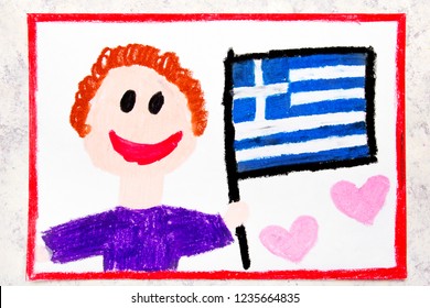 Colorful Drawing: Happy Man Holding Greek Flag.  Flag Of Greece And Smiling Boy