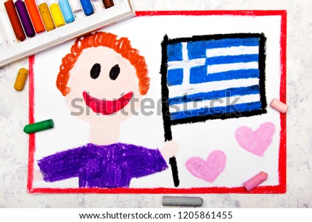Colorful drawing: Happy man holding Greek flag.  Flag of Greece and smiling boy