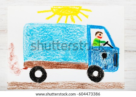 Colorful drawing: man in a blue truck