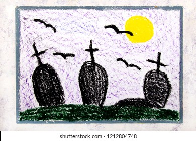 Colorful Drawing Old Scary Cemetery Night Stock Photo 1212804748