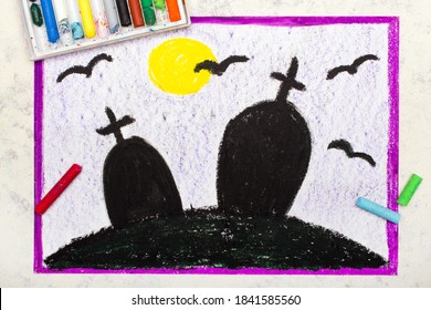 Colorful Drawing Old Scary Cemetery Night Stock Photo 1841585560