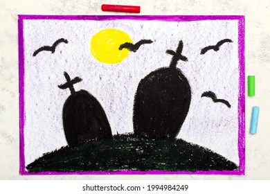 Colorful Drawing Old Scary Cemetery Night Stock Photo (Edit Now