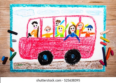 Colorful Drawing - Red School Bus With Happy Children Inside