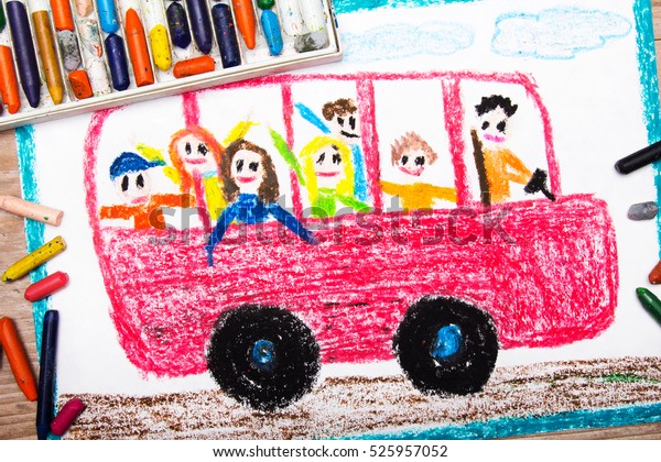 Colorful drawing - red school bus with happy\
children inside