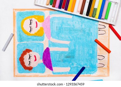 Colorful drawing: Time to sleep  A smiling couple is sleeping together in bed