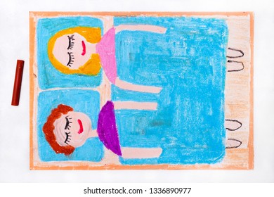 Colorful drawing: Time to sleep  A smiling couple is sleeping together in bed