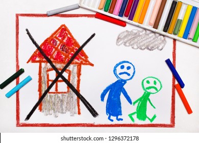 Colorful Drawing: Two Sad People Leave Their Home. The Problem Of Homelessness, Eviction Or Moving Out. Refugee


