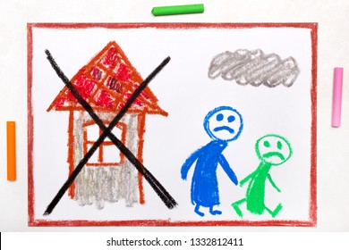 Colorful drawing: Two sad people leave their home  The problem homelessness  eviction moving out  Refugees


