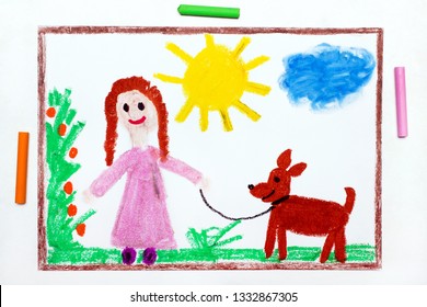 Colorful Drawing: Young Girl In Pink Dress Walking Dog. 