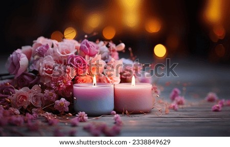 Colorful dreamy candles on bokeh background on wooden table surrounded with pink flowers. Dreamy design,Candles against bokeh lights background for clean Spa, valentine, wedding theme. Love and Peace 