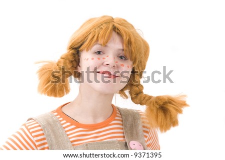 Colorful dressed female with amusing makeup and wig. Isolated over white