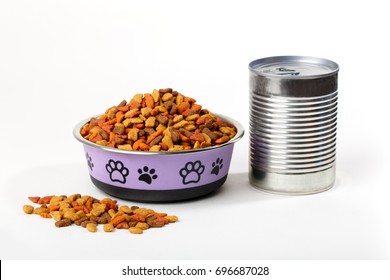 Colorful Dry Cat Dog Food In Granules In Cute Bowl Isolated On White Background. Canned Pet Food. Variety Of Domestic Animal Meal. 