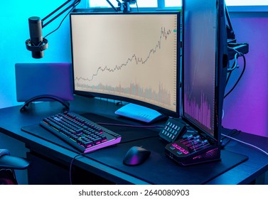 Colorful dual-monitor trading and gaming setup with LED RGB lights, microphone and streaming gear in a modern tech workspace. Ideal for finance, gaming or remote work themes.