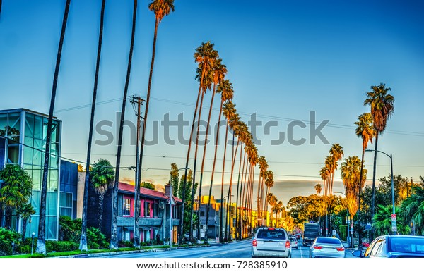 Colorful dusk on Sunset boulevard. Los\
Angeles, California